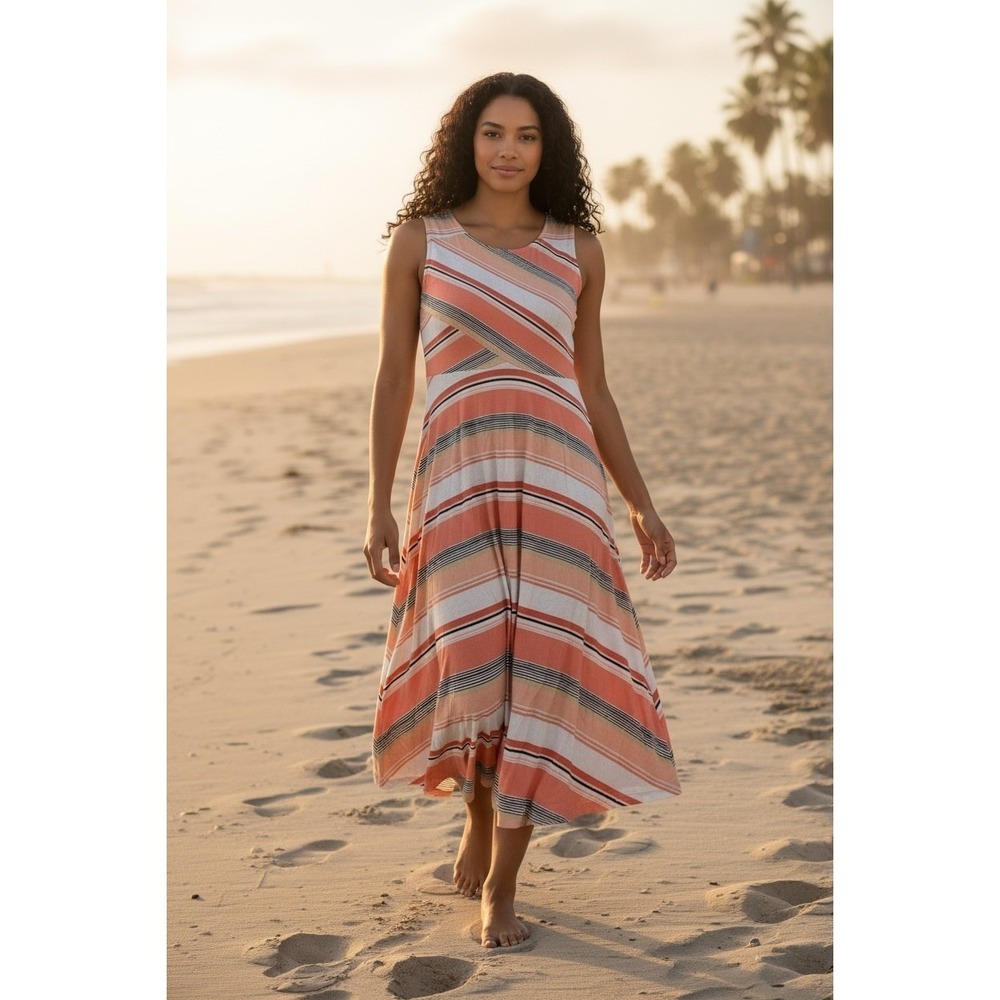 New York & Company Striped Midi Dress Women's M Coastal Summer Office